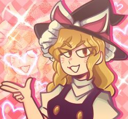 Rule 34 | 1girl, :d, black shirt, blonde hair, bow, braid, buttons, collar, d vaaaah, drawn whiskers, drop shadow, finger gun, hat, hat bow, highres, kirisame marisa, looking at viewer, open mouth, pink ribbon, ribbon, shirt, side braid, single braid, smile, touhou, unfinished dream of all living ghost, white collar, witch hat