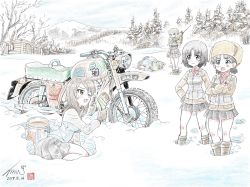 Rule 34 | 10s, 6+girls, aki (girls und panzer), alina (girls und panzer), angry, bare tree, black footwear, black hair, black skirt, black vest, blonde hair, blue jacket, blue skirt, blush stickers, boots, bowing, brown eyes, brown hair, brown hat, clara (girls und panzer), closed mouth, commentary, crossed arms, day, emblem, frown, fur hat, girls und panzer, green jacket, hand on own hip, hat, highres, holding, jacket, keizoku (emblem), keizoku military uniform, kubota shinji, log cabin, long hair, long sleeves, looking at another, mika (girls und panzer), mikko (girls und panzer), military, military uniform, miniskirt, motor vehicle, motorcycle, mountain, multiple girls, nina (girls und panzer), no headwear, one eye closed, open mouth, outdoors, paint can, paintbrush, pleated skirt, pravda (emblem), pravda military uniform, raglan sleeves, red shirt, seiza, shirt, short hair, short twintails, sitting, skirt, snow, sweatdrop, theft, track jacket, tree, turtleneck, twintails, uniform, ushanka, vehicle request, vest, walkie-talkie, yokozuwari