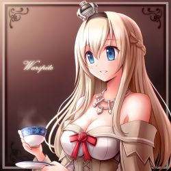 Rule 34 | 1girl, akisame rizu, blue eyes, braid, breasts, brown background, character name, cleavage, corset, crown, cup, dress, flower, french braid, hairband, jewelry, kantai collection, light brown hair, long hair, long sleeves, medium breasts, mini crown, necklace, off-shoulder dress, off shoulder, parted lips, red flower, red ribbon, red rose, revision, ribbon, rose, saucer, smile, solo, steam, teacup, upper body, warspite (kancolle), white dress