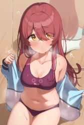 Rule 34 | 1girl, absurdres, blush, breasts, brown hair, cleavage, collarbone, commentary request, cowboy shot, hair between eyes, hair over one eye, highres, idolmaster, idolmaster shiny colors, jacket, long hair, looking at viewer, medium breasts, mirror, navel, open clothes, open jacket, osaki tenka, reflection, sitting, solo, sports bikini, sports bra, steam, steaming body, thighs, undressing, wanimaru, yellow eyes
