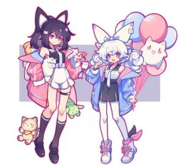 Rule 34 | 2girls, ahoge, animal ears, ankle bow, ankle ribbon, balloon, bare shoulders, bcy, black bow, black footwear, black hair, black shirt, black skirt, black socks, blue jacket, bow, cat ears, cat hair ornament, charm (object), clenched hands, curly hair, full body, hair bow, hair ornament, hand up, high-waist shorts, highres, holding, holding balloon, holding stuffed toy, huhu, jacket, kneehighs, knees together feet apart, loafers, long sleeves, low twintails, medium hair, miao jiujiu, miniskirt, multicolored background, multiple girls, necktie, off shoulder, pantyhose, pink bow, pink eyes, pink jacket, pleated skirt, ponytail, purple background, red eyes, ribbon, ruan miemie, shirt, shoes, short shorts, shorts, sidelocks, skirt, sleeveless, sleeveless shirt, smile, sneakers, socks, standing, stuffed alpaca, stuffed animal, stuffed cat, stuffed dog, stuffed toy, thigh strap, twintails, white background, white bow, white footwear, white hair, white necktie, white pantyhose, white shirt, white shorts, xianyudian laoban
