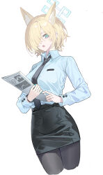 Rule 34 | 1girl, absurdres, animal ears, black necktie, black pantyhose, black skirt, blue archive, blue eyes, blue hair, blue shirt, cropped legs, echj, hair over one eye, highres, kanna (blue archive), long sleeves, looking at viewer, necktie, open mouth, pantyhose, pencil skirt, shirt, short hair, skirt, solo, standing