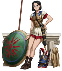 Rule 34 | 1girl, absurdres, ancient greek clothes, armor, black hair, blue eyes, boots, brown footwear, commission, cross-laced footwear, full body, greaves, greco-roman clothes, greek armor, hand on own hip, helmet, highres, hoplite, leaning on object, looking at viewer, miniskirt, open mouth, original, remora25, sheath, sheathed, shield, short hair, simple background, skirt, solo, sword, tunic, unworn headwear, unworn helmet, weapon, white background