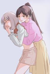 Rule 34 | 2girls, behind another, black hair, blush, brown shorts, closed mouth, clothes lift, commentary request, covering own mouth, frilled shirt, frilled sleeves, frills, grabbing, grabbing another&#039;s breast, grabbing from behind, grey background, groping, hair ribbon, hazuki ren, highres, kikorinolily, lifting another&#039;s clothes, light brown hair, long hair, long skirt, love live!, love live! superstar!!, multiple girls, parted lips, pink sweater, ponytail, ribbon, shirt, shirt lift, short hair, shorts, skirt, sweater, tang keke, two-tone shirt, yellow eyes, yellow skirt, yuri