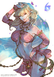 Rule 34 | 1girl, bandeau, blonde hair, blue eyes, breasts, cowboy shot, dancer (final fantasy), detached sleeves, earrings, elezen, elf, final fantasy, final fantasy xiv, jewelry, large breasts, long hair, looking at viewer, moogie (shinjyu), navel, necklace, pelvic curtain, pointy ears, signature, solo, watermark, web address, white background