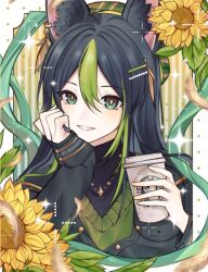 Rule 34 | 1boy, alternate hair length, alternate hairstyle, animal ear fluff, animal ears, beret, black hair, black jacket, black shirt, blush, border, brown eyes, buttons, coffee cup, commentary, cup, disposable cup, earrings, flower, fox ears, genshin impact, gradient background, green background, green eyes, green hair, green hat, green ribbon, green sweater, hair between eyes, hair ornament, hairclip, hands up, hat, holding, holding cup, jacket, jewelry, leaf, long hair, long sleeves, looking at viewer, male focus, multicolored eyes, multicolored hair, necklace, outside border, parted bangs, ribbon, shirt, sidelocks, simple background, single earring, sleeves past wrists, smile, solo, sparkle, starbucks, striped, striped background, sunflower, sweater, tighnari (genshin impact), turtleneck, two-tone hair, upper body, watermark, white border, xiaoquantaohua, yellow background, yellow flower