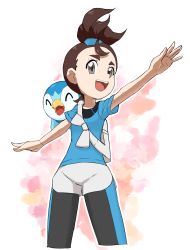 Rule 34 | 1girl, :d, black pantyhose, blue shirt, brown eyes, brown hair, creatures (company), cropped legs, game freak, gen 4 pokemon, highres, nintendo, nyonn24, on shoulder, open mouth, outstretched arms, pantyhose, piplup, pokemon, pokemon (anime), pokemon (creature), pokemon on shoulder, pokemon the movie: i choose you!, shirt, short hair, short shorts, short sleeves, shorts, sketch, smile, standing, verity (pokemon), white background, white shorts