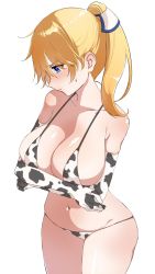 Rule 34 | 1girl, animal print, bare shoulders, bikini, blonde hair, blue eyes, blush, breasts, cleavage, closed mouth, collarbone, cow print, cow print gloves, genderswap, genderswap (mtf), guilty gear, guilty gear xrd, hair ribbon, highres, ky kiske, kyko, large breasts, m.u.g.e.n, navel, ponytail, print gloves, ribbon, simple background, solo, swimsuit, toto81311148, underwear, white background