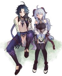 Rule 34 | 1boy, 1girl, arm tattoo, bell, blue hair, bodystocking, breasts, closed eyes, commentary request, detached sleeves, eyeshadow, flower, full body, ganyu (genshin impact), genshin impact, green hair, hand on own face, highres, holding, holding flower, horns, large breasts, long hair, looking at another, makeup, medium breasts, mozu (teluto), one eye closed, red eyeshadow, simple background, sitting, smile, tattoo, xiao (genshin impact), yellow eyes