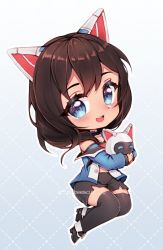 Rule 34 | 1girl, animal ears, artist name, beescuit, black footwear, black shorts, blue eyes, blue jacket, blush, breasts, cat ears, chibi, cleavage, commentary, commission, english commentary, hair between eyes, high heels, holding, indie virtual youtuber, jacket, mechanical ears, neko kamiyama, off shoulder, robot, second-party source, shorts, smile, solo, thighhighs, virtual youtuber, watermark