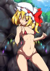 Rule 34 | 1girl, :p, bikini, blonde hair, blue sky, blush, breasts, cloud, commentary request, day, flandre scarlet, hat, highres, kagayama hajime, looking at viewer, micro bikini, nail polish, naughty face, navel, outdoors, pink nails, red bikini, red eyes, short hair, side-tie bikini bottom, side ponytail, sky, small breasts, solo, standing, sun beam, sweat, swimsuit, tongue, tongue out, touhou, wings