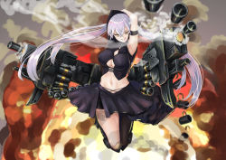 Rule 34 | 1girl, absurdres, ammunition belt, armband, armored boots, arms behind head, arms up, asymmetrical legwear, bike shorts, black legwear, black shorts, boots, breasts, casing ejection, cleavage, covered erect nipples, explosion, firing, gaia (girls&#039; frontline), girls&#039; frontline, grenade launcher, grin, highres, huge filesize, jumping, large breasts, long hair, looking at viewer, mari0ball, navel, rigging, sangvis ferri, shell casing, shorts, shorts under skirt, silver hair, smile, solo, thighs, tsurime, uneven legwear, very long hair, weapon, yellow eyes