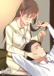 Rule 34 | 1boy, 1girl, admiral (kancolle), arm behind head, bad id, bad twitter id, blunt bangs, blush, breasts, brown eyes, brown hair, closed eyes, dated, holding another&#039;s hair, jewelry, kantai collection, kneehighs, lap pillow, large breasts, long hair, looking at another, military, military uniform, neckerchief, no shoes, one-hour drawing challenge, ooi (kancolle), open mouth, pallad, remodel (kantai collection), ring, school uniform, seiza, serafuku, short hair, signature, sitting, smile, socks, uniform, wedding band, white neckerchief, white socks