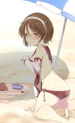 Rule 34 | 10s, 1girl, anchor, ass, bare legs, bare shoulders, barefoot, beach umbrella, bikini, blush, bottle, breasts, brown eyes, brown hair, butt crack, detached sleeves, hair between eyes, hairband, highres, kantai collection, charm (object), kneeling, looking at viewer, looking back, natori (kancolle), nobinonki, sailor collar, sand, short hair, small breasts, solo, sweat, swimsuit, umbrella