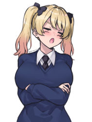 Rule 34 | 1girl, alternate hairstyle, black bow, black neckwear, blonde hair, blue sweater, blush, bow, breast hold, breasts, closed eyes, collared shirt, crossed arms, darjeeling (girls und panzer), girls und panzer, hair bow, highres, kimi tsuru, large breasts, long sleeves, necktie, open mouth, school uniform, shirt, simple background, st. gloriana&#039;s school uniform, sweater, swept bangs, twintails, v-neck, white background, white shirt
