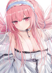 Rule 34 | 1girl, absurdres, azur lane, bare shoulders, braid, breasts, cleavage, closed mouth, collar, dress, hair tie, highres, large breasts, long hair, lshiki, maid headdress, perseus (azur lane), pink eyes, pink hair, solo, white background, white dress
