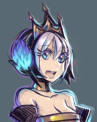 Rule 34 | 1girl, bare shoulders, blue eyes, breasts, choker, cleavage, crown, elbow gloves, eyelashes, gloves, gwendolyn (odin sphere), hair ornament, maniacpaint, odin sphere, short hair, silver hair, simple background, solo, upper body, valkyrie