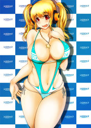 Rule 34 | 1girl, bikini, blonde hair, blush, breasts, cleavage, female focus, hand on own chest, headphones, highres, huge breasts, jewelry, large breasts, long hair, looking at viewer, navel, necklace, nitroplus, niu ju (orange bull), open mouth, otzer, plump, red eyes, short hair, skindentation, smile, solo, star (symbol), super pochaco, swimsuit, thighs, twintails