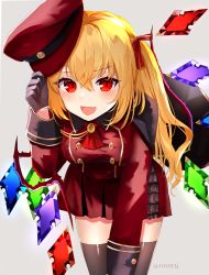 Rule 34 | 1girl, :d, alternate costume, arm up, ascot, black gloves, black thighhighs, blonde hair, blush, brooch, cape, commentary, cowboy shot, fang, flandre scarlet, gloves, grey background, hair between eyes, hat, unworn hat, unworn headwear, holding, holding clothes, holding hat, jacket, jewelry, leaning forward, long sleeves, looking at viewer, military, military hat, military uniform, miniskirt, one side up, open mouth, pleated skirt, red ascot, red eyes, red jacket, red skirt, sakizaki saki-p, short hair, simple background, skin fang, skirt, sleeve cuffs, smile, solo, thighhighs, touhou, tunic, twitter username, uniform, wings, zettai ryouiki