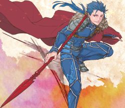 Rule 34 | 1boy, abs, armor, beads, blue hair, bodysuit, cape, cu chulainn (fate), cu chulainn (fate/stay night), earrings, fate/stay night, fate (series), fur-trimmed cape, fur trim, gae bolg (fate), hair beads, hair ornament, holding, holding polearm, holding weapon, jewelry, long hair, male focus, pauldrons, polearm, ponytail, red eyes, shoulder armor, skin tight, smile, solo, spiked hair, type-moon, weapon, yanami (yanayana company)
