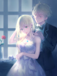 Rule 34 | 10s, 1boy, 1girl, aldnoah.zero, aqua eyes, asseylum vers allusia, bare arms, bare shoulders, black bow, black bowtie, black jacket, black pants, blonde hair, blush, bow, bowtie, box, breasts, cleavage, closed mouth, collared shirt, cowboy shot, dress, dress shirt, eyelashes, flower, formal, gift, gift box, green eyes, hair between eyes, hand up, happy birthday, head tilt, highres, indoors, jacket, jewelry, kanmuri (hanyifan30338), lips, long hair, long sleeves, medium breasts, necklace, off-shoulder dress, off shoulder, pants, parted lips, putting on jewelry, red flower, red rose, rose, shirt, short hair, slaine troyard, smile, strapless, strapless dress, suit, traditional bowtie, vase, vse, white bow, white shirt, window, wing collar