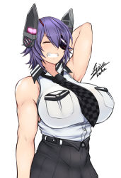 Rule 34 | 1girl, ^ ^, absurdres, airisubaka, arm behind head, arm up, bad id, bad tumblr id, bare shoulders, breasts, checkered clothes, checkered necktie, checkered neckwear, closed eyes, commentary, english commentary, eyepatch, grin, headgear, highres, huge breasts, kantai collection, necktie, pocket, purple hair, shirt, short hair, simple background, sleeveless, sleeveless shirt, smile, solo, tenryuu (kancolle), tenryuu kai ni (kancolle), white background, white shirt