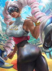 Rule 34 | 1girl, arms (game), ass, ass focus, bangle, bracelet, cup, dark-skinned female, dark skin, eye mask, highres, holding, holding cup, jewelry, long hair, looking at viewer, mask, multicolored hair, nail polish, nintendo, oscuroii, pink hair, solo, tea, thighs, twintails, twintelle (arms), white hair