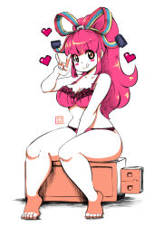 Rule 34 | 1girl, blush, bow, breasts, cleavage, curvy, full body, giffany, gravity falls, hair ribbon, heart, highres, kenron toqueen, large breasts, lingerie, long hair, looking at viewer, pink bow, pink eyes, pink hair, ponytail, ribbon, sitting, smile, solo, thick thighs, thighs, tongue, tongue out, underwear