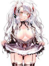 Rule 34 | 1girl, :o, azur lane, black bow, black neckwear, black panties, blush, bow, breasts, choker, cleavage, clothes lift, collarbone, cowboy shot, cross, dress, dress lift, garter straps, gluteal fold, hair bow, hair ornament, highres, iron cross, kamiya maneki, lace, lace-trimmed dress, lace trim, long hair, long sleeves, looking at viewer, medium breasts, multicolored hair, panties, parted lips, pleated dress, prinz eugen (azur lane), red hair, silver dress, silver hair, simple background, solo, streaked hair, thighhighs, thighs, twintails, unbuttoned, underwear, white background, yellow eyes