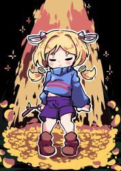 Rule 34 | 1girl, absurdres, aged down, aki rosenthal, arms at sides, black background, blonde hair, blue sweater, blush stickers, boots, brown footwear, closed eyes, closed mouth, commentary, commentary request, cosplay, detached hair, english commentary, frisk (undertale), frisk (undertale) (cosplay), full body, golden flower (undertale), hair intakes, hair ornament, highres, holding, holding stick, hololive, long hair, long sleeves, low twintails, midriff peek, mixed-language commentary, navel, outline, puffy long sleeves, puffy sleeves, purple shorts, short eyebrows, short hair, shorts, solo, sparkle, standing, stick, sweater, thick eyebrows, toon (toonhoshi), turtleneck, turtleneck sweater, twintails, undertale, virtual youtuber, white outline