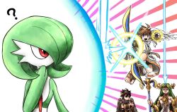 Rule 34 | 1girl, 2boys, ?, ahoge, ancient greek clothes, angel, angel wings, arrow (projectile), black hair, blue eyes, bow (weapon), brown hair, chiton, creatures (company), dark pit, game freak, gameplay mechanics, gardevoir, gen 3 pokemon, green hair, holding, holding bow (weapon), holding poke ball, holding staff, holding weapon, kicdon, kid icarus, kid icarus uprising, laurel crown, looking at another, multiple boys, nintendo, palutena, pit (kid icarus), poke ball, poke ball (basic), pokemon, red eyes, sparkle, staff, super smash bros., violence, weapon, wings