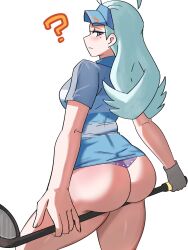 Rule 34 | 1girl, ?, ahoge, aqua hair, ass, ass focus, blue eyes, blush, breasts, creatures (company), dress, from behind, game freak, gloves, golf club, hat, highres, huge ass, kahili (pokemon), long hair, looking at viewer, medium breasts, nintendo, pokemon, pokemon sm, short dress, sideboob, single glove, solo, thong, ytrall