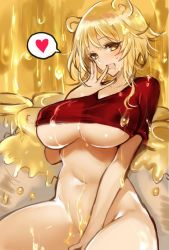 Rule 34 | 1girl, :d, animal ears, apt, bear ears, blonde hair, blush, bottomless, breasts, crop top, crop top overhang, heart, honey, jar, large breasts, looking at viewer, navel, open mouth, original, pooh, red shirt, shirt, short hair, short sleeves, sitting, smile, solo, spoken heart, stomach, underboob, winnie the pooh, yellow eyes