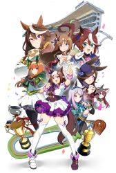 Rule 34 | 6+girls, :o, absurdres, animal ears, armband, ascot, asymmetrical footwear, black coat, blue eyes, blue hat, boots, bow, bowtie, breasts, brown hair, brown vest, capelet, closed mouth, coat, confetti, cropped jacket, cup, ear bow, epaulettes, fingers to cheeks, floating hair, grass wonder (umamusume), green eyes, hair over one eye, hairband, hat, highres, holding, holding cup, horse ears, horse girl, horse tail, hukurou96, jacket, long hair, long sleeves, medium breasts, mejiro mcqueen (umamusume), mihono bourbon (umamusume), miniskirt, mismatched footwear, multicolored hair, multiple girls, neck ribbon, open mouth, orange hair, outstretched arm, own hands clasped, own hands together, petticoat, pink eyes, pointing, ponytail, purple footwear, purple hair, racetrack, reaching, reaching towards viewer, ribbon, rice shower (umamusume), shirt, silence suzuka (umamusume), single epaulette, skirt, smile, special week (umamusume), streaked hair, symboli rudolf (umamusume), tail, teacup, thighhighs, tokai teio (umamusume), trophy, two-tone hair, umamusume, vest, white ascot, white background, white footwear, white hair, white jacket, white shirt, white skirt, white thighhighs, wristband