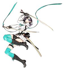 Rule 34 | 1girl, 7th dragon (series), 7th dragon iii, aqua bow, aqua bowtie, aqua ribbon, aqua thighhighs, bell, belt pouch, black footwear, black gloves, black hair, blazer, blue eyes, boots, bow, bowtie, breasts, buttons, commentary request, dual wielding, fingerless gloves, flower, full body, gloves, hair flower, hair ornament, hairband, highres, holding, holding sword, holding weapon, jacket, jingle bell, knee boots, legs up, looking to the side, medium breasts, medium hair, miniskirt, miwa shirow, parted lips, pleated skirt, pouch, ribbon, samurai (7th dragon), sheath, simple background, skirt, solo, sword, thick eyebrows, thigh pouch, thighhighs, thighhighs under boots, unsheathed, weapon, white background, white jacket, white skirt, yaiba (7th dragon iii)