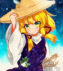 Rule 34 | 1girl, animal print, arm up, bad id, bad pixiv id, blonde hair, blue background, brown hat, closed mouth, frog print, gradient background, green eyes, hair ribbon, hand on headwear, hat, long sleeves, looking at viewer, medium hair, moriya suwako, purple skirt, purple vest, qqqrinkappp, red ribbon, ribbon, shikishi, shirt, signature, skirt, solo, touhou, traditional media, turtleneck, upper body, vest, white shirt, wide sleeves