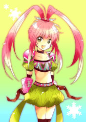 Rule 34 | 1girl, chelsea torn, choker, elbow gloves, gloves, green eyes, knee pads, long hair, midriff, navel, open mouth, pink hair, ponytail, snowflakes, tales of (series), tales of destiny