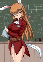 Rule 34 | 1girl, animal ears, belt, belt buckle, bespectacled, blue eyes, blush, book, breasts, brown hair, buckle, chalkboard, charlotte e. yeager, closed mouth, collar, glasses, gun, handgun, holding, holding book, holster, indoors, komusou (jinrikisha), large breasts, legs together, long hair, long sleeves, m1911, military, military uniform, orange hair, panties, pistol, rabbit ears, rabbit girl, red collar, smile, solo, standing, strike witches, tail, teacher, underwear, uniform, weapon, white panties, world witches series