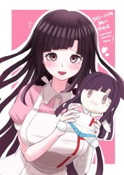 Rule 34 | 1girl, :d, apron, black hair, blush, character doll, collared shirt, danganronpa (series), danganronpa 2: goodbye despair, doll, hands up, heart, highres, holding, holding doll, long hair, looking at viewer, mole, mole under eye, mozuku (iiiiiiimomo), open mouth, pink background, pink eyes, pink shirt, purple hair, shirt, smile, solo, translation request, tsumiki mikan, two-tone shirt, upper body, white apron, white background, white shirt