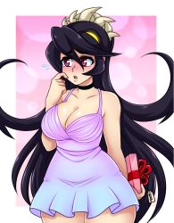 Rule 34 | 1girl, bare shoulders, black hair, blush, box, breasts, choker, cleavage, collarbone, commentary, commission, cowboy shot, dojipan, dress, embarrassed, english commentary, filia (skullgirls), finger to cheek, gift, gift box, gradient clothes, gradient dress, large breasts, long hair, open mouth, pink background, plump, red eyes, ribbon, samson (skullgirls), sharp teeth, skullgirls, solo, teeth, thick thighs, thighs, very long hair, yellow eyes
