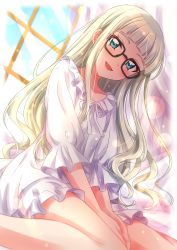 Rule 34 | 1girl, :d, absurdres, aikatsu!, aikatsu! (series), bad id, bad twitter id, black-framed eyewear, blonde hair, blue eyes, blunt bangs, blurry, blurry background, blush, commentary request, dated, day, depth of field, dress, fang, glasses, head tilt, highres, indoors, lens flare, light rays, long hair, long sleeves, looking at viewer, open mouth, sekina, signature, sitting, smile, solo, todo yurika, very long hair, wariza, white dress
