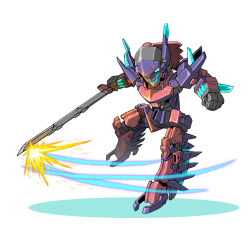 Rule 34 | blue eyes, chibi, clenched hand, frame arms, highres, holding, holding sword, holding weapon, ibuki sakura (sgw v07), looking down, mecha, no humans, robot, science fiction, slashing, solo, sword, vulture (frame arms), weapon, white background
