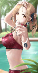 Rule 34 | 1girl, absurdres, arm up, bangle, beads, bikini, blurry, blurry background, blurry foreground, blush, bracelet, breasts, brown eyes, brown hair, floral print, frilled bikini, frills, from side, hair beads, hair ornament, hair ribbon, hand on own head, highres, holding, ichikawa hinana, idolmaster, idolmaster shiny colors, jewelry, lace, lace-trimmed bikini, lace trim, large breasts, leaf, looking at viewer, midriff, nail polish, okano yuuto, outdoors, red bikini, ribbon, sidelocks, smile, solo, swimsuit, wet