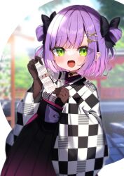 Rule 34 | 1girl, :d, black choker, black gloves, black hakama, blush, bob cut, checkered clothes, checkered kimono, choker, fang, fishnet gloves, fishnets, gloves, gradient hair, green eyes, hair ornament, hair rings, hairclip, hakama, hakama skirt, hatsumoude, highres, hololive, japanese clothes, kimono, lace, lace choker, looking at viewer, multicolored hair, new year, noi mine, official alternate costume, official alternate hair length, official alternate hairstyle, omikuji, open mouth, pink hair, pointy ears, purple hair, short hair, shrine, skirt, smile, solo, tokoyami towa, tokoyami towa (new year), torii, two side up, virtual youtuber, wide sleeves, x hair ornament