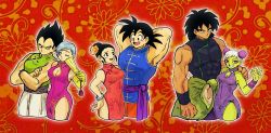 Rule 34 | 3boys, 3girls, arm around shoulder, arm hug, armpits, arms behind head, black hair, blue hair, bracelet, breasts, broly (dragon ball super), bulma, bun cover, cheelai, chi-chi (dragon ball), china dress, chinese clothes, cleavage, cleavage cutout, clothing cutout, colored skin, couple, cropped legs, crossed arms, double bun, dragon ball, dragon ball super, dragon ball super broly, dragonball z, dress, floral background, green skin, hair bun, hetero, highres, jewelry, looking at another, looking at viewer, multiple boys, multiple girls, muscular, ok sign, pelt, red background, ring, short hair, single hair bun, sleeveless, sleeveless dress, smile, son goku, spiked hair, tan, tofu (tttto f), vegeta, white hair, wristband