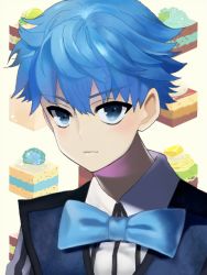 Rule 34 | 10s, 1boy, 359-1059, bad id, bad pixiv id, blue eyes, blue hair, blush, bow, bowtie, cake, fate/extra, fate/extra ccc, fate (series), food, hans christian andersen (fate), male focus, matching hair/eyes, portrait, short hair, solo, upper body, vest