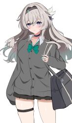 1girl bag black_bag black_choker black_hairband black_skirt blush bow breasts cardigan choker collared_shirt cowboy_shot duffel_bag firefly_(honkai:_star_rail) green_bow grey_cardigan grey_hair hair_between_eyes hair_intakes hair_ornament hairband highres honkai:_star_rail honkai_(series) medium_breasts nuuuukoame shirt skirt sleeves_past_wrists smile solo thigh_strap two-tone_eyes white_background white_shirt