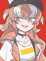 Rule 34 | 1girl, absurdres, animal ears, blush, brown eyes, brown hair, choker, collarbone, extra ears, fang, highres, jacket, japanese wolf (kemono friends), kanmoku-san, kemono friends, long hair, looking at viewer, multicolored hair, open mouth, red background, simple background, smile, solo, two-tone hair, upper body, white hair, wolf ears, wolf girl, zipper