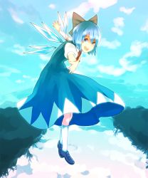 Rule 34 | 1girl, bad id, bad pixiv id, blue dress, blue eyes, blue hair, bow, cirno, dress, flying, hair bow, highres, kneehighs, loafers, matching hair/eyes, nosuku, outstretched arms, shoes, smile, socks, solo, spread arms, touhou, water, white socks