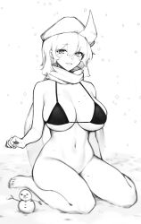 Rule 34 | 1641 (chfhrtor94), 1girl, beret, black bra, bottomless, bra, breasts, full body, hat, highres, large breasts, letty whiterock, looking at viewer, monochrome, navel, open mouth, scarf, short hair, simple background, sitting, sketch, snowing, snowman, solo, stomach, string bra, toes, touhou, triangular headpiece, underwear, unfinished, wariza, white background
